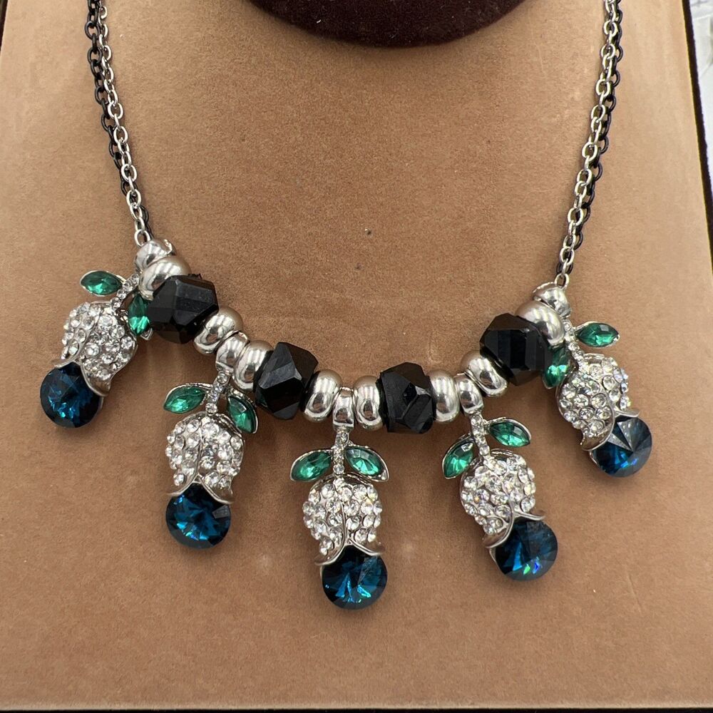 Betsey Johnson Blue & Green Rhinestone Necklace Silver Tone Winter Wonderland